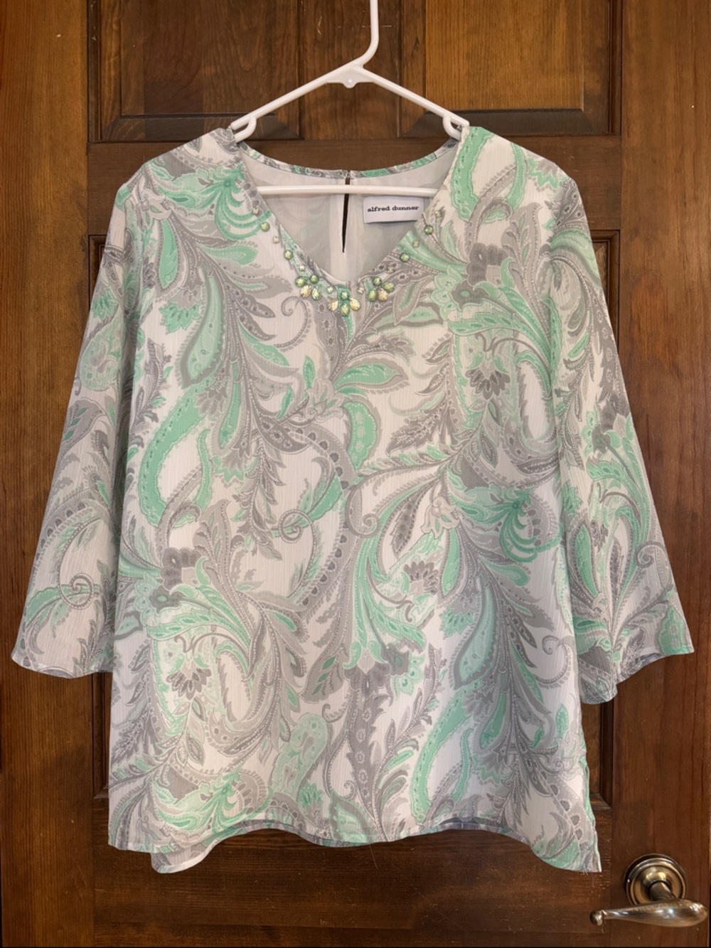 Alfred Dunner Mint and Gray Paisley V-Neck Tunic with Bead Detail